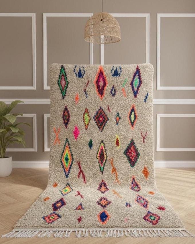 Handmade Moroccan wool rug with multicolor diamond motifs