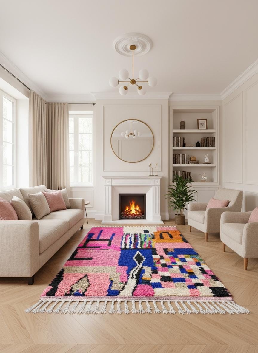 Pink Berber rug in bright modern living room