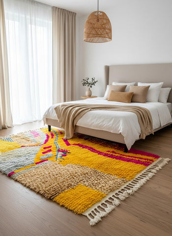 Bright abstract Berber rug under modern bed