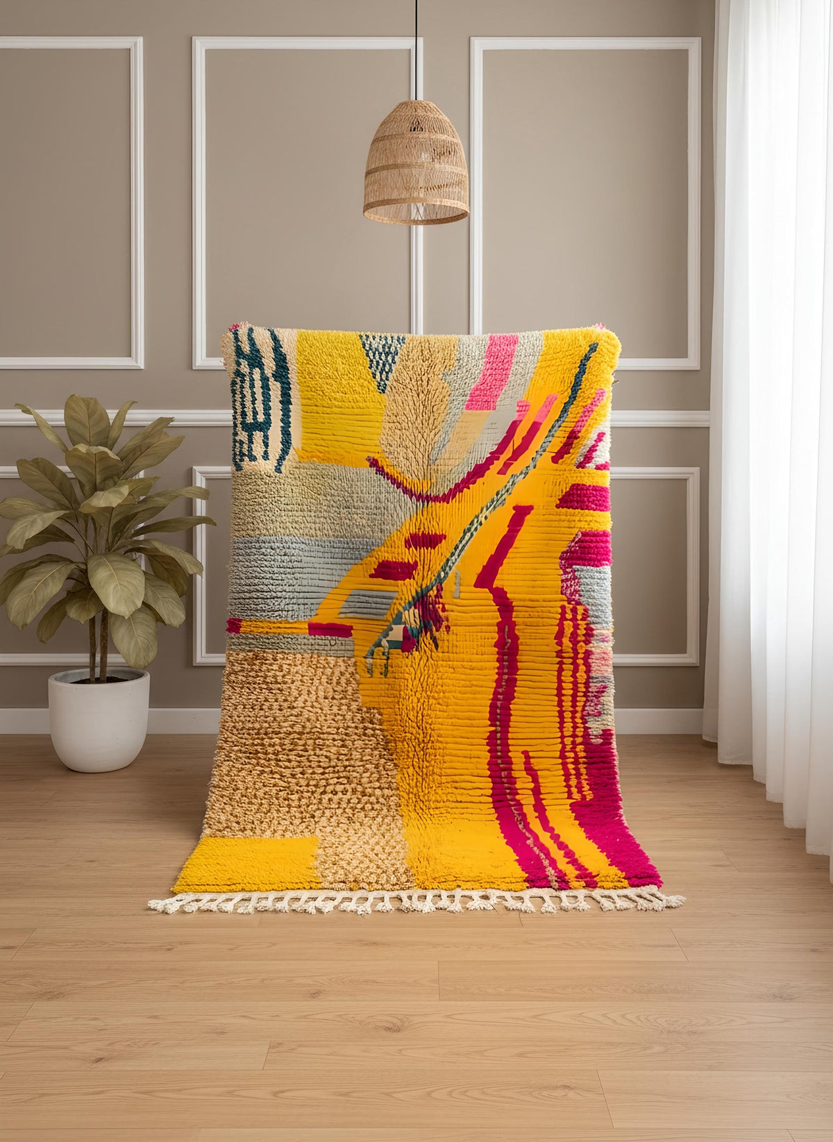 Soft wool rug with tassels in sunny corner