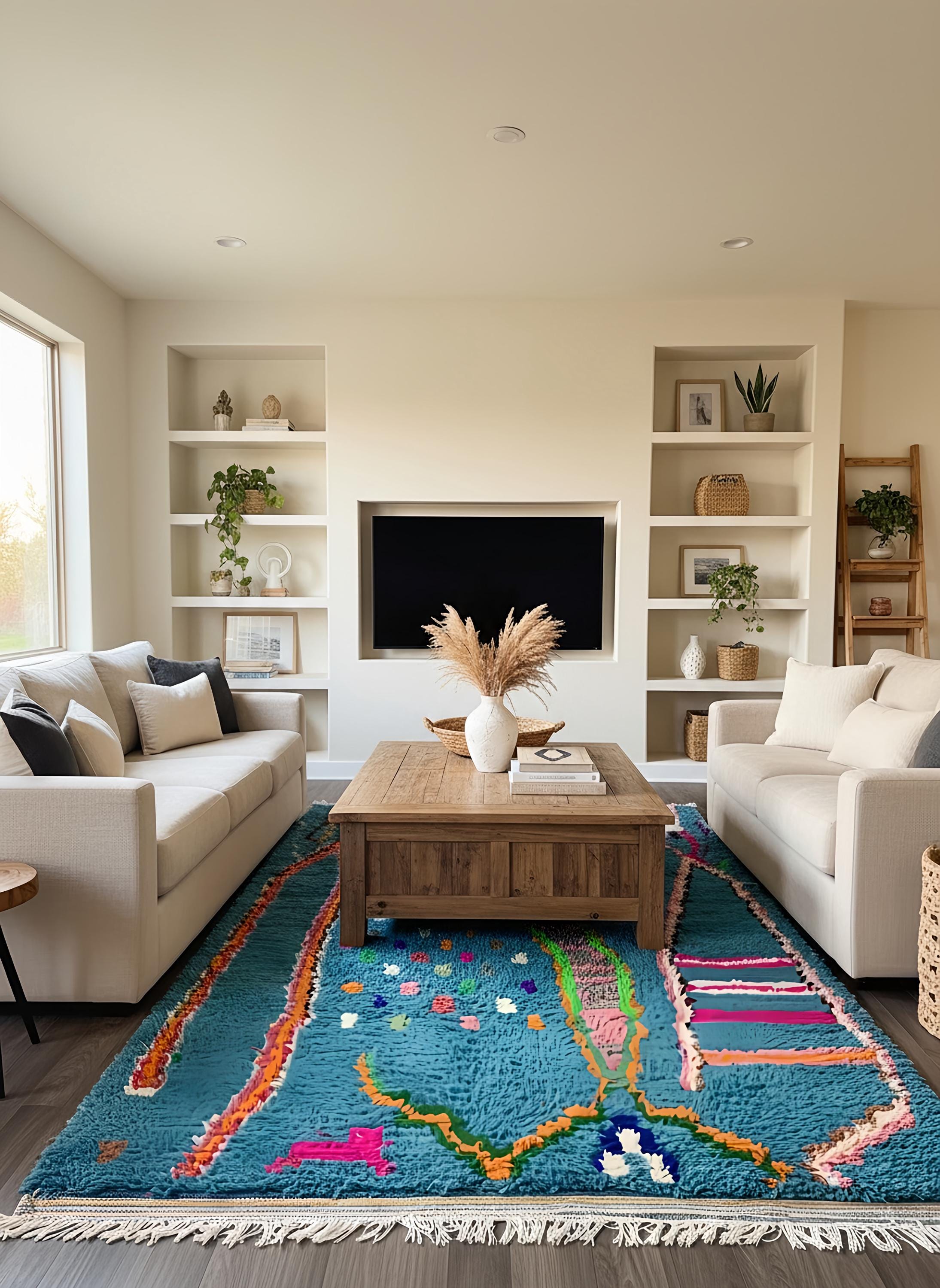 Turquoise Moroccan Berber rug with colorful abstract pattern styled in a bright living room with wooden coffee table and neutral sofas.