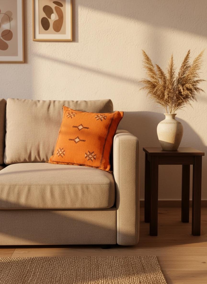 Artisan Moroccan orange pillow styled on beige sofa with side table.