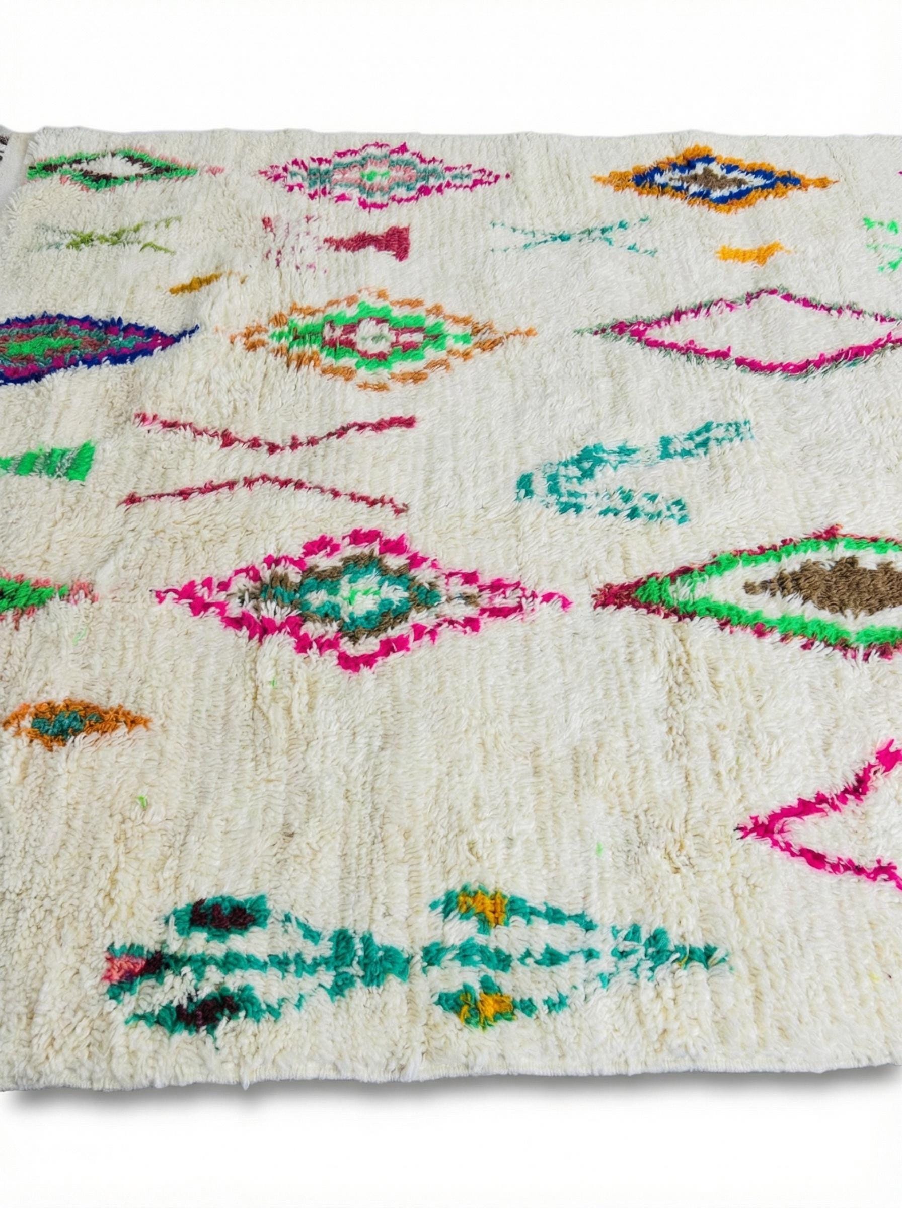 Close-up of Moroccan wool rug texture with colorful motifs