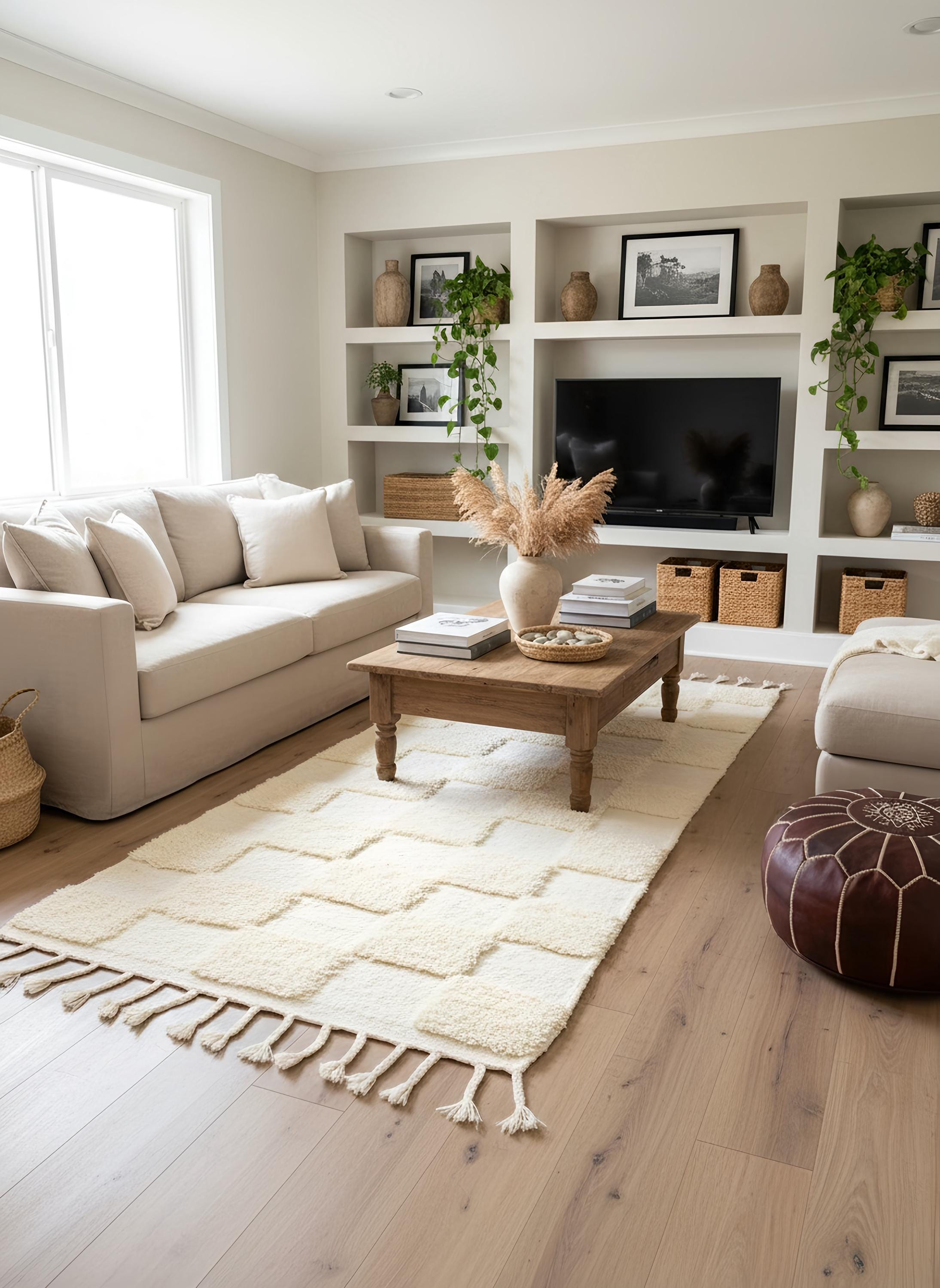 Cream Moroccan rug with textured pattern styled in a cozy living room with beige sofa and wooden coffee table.