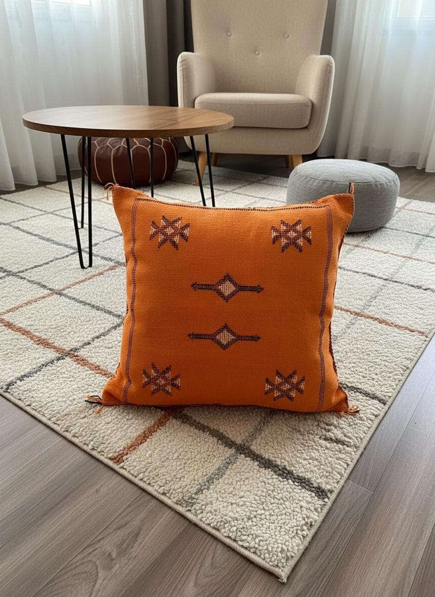 Orange Moroccan Berber pillow with tribal embroidery on living room rug.