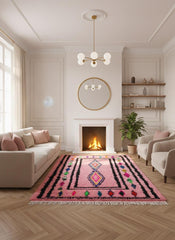 Handmade pink wool rug styled in modern living room