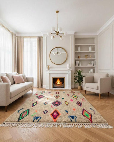 Beige Moroccan area rug with colorful geometric symbols