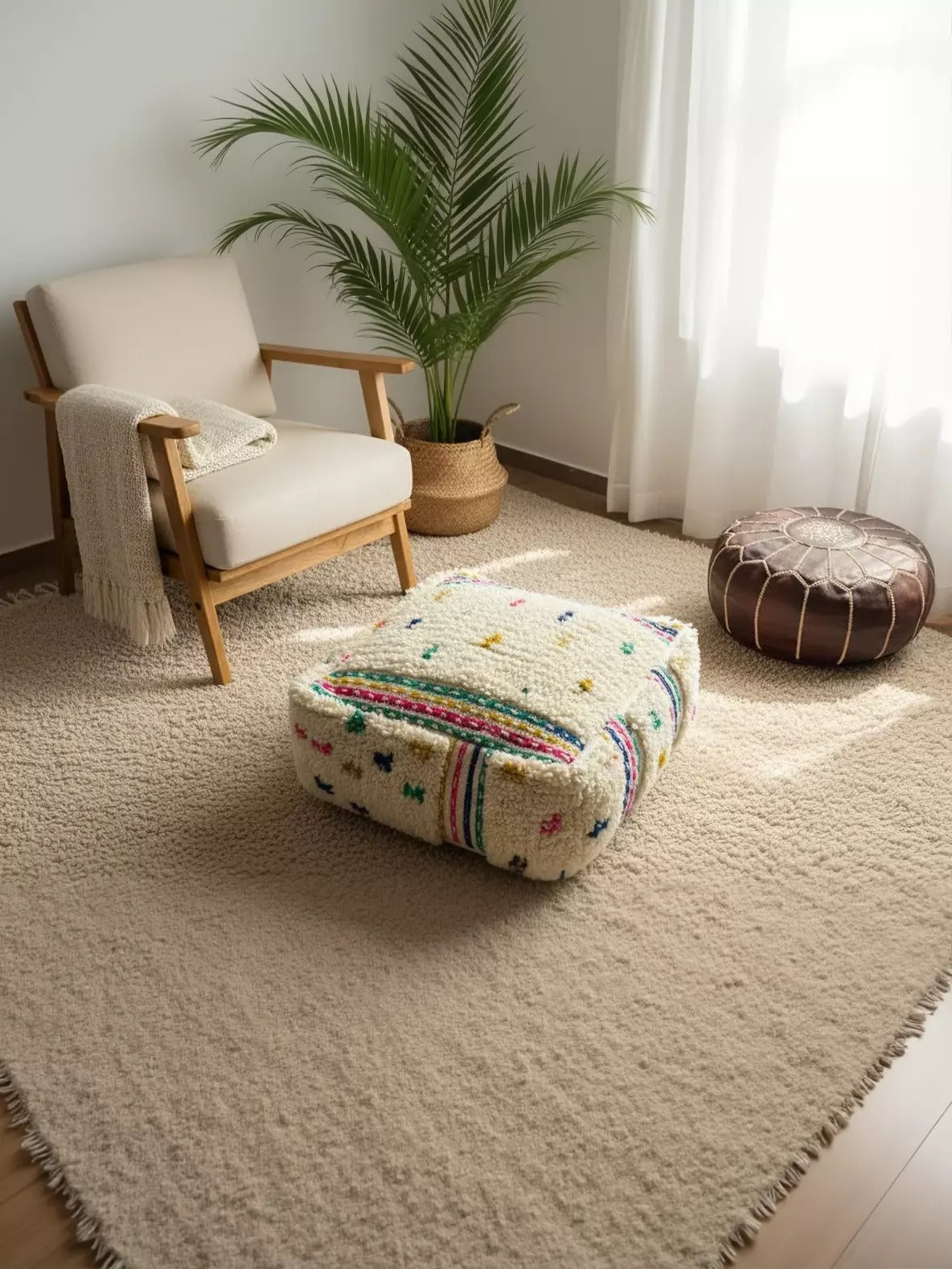 Handmade Berber Adnen pouf with colorful dots on a neutral rug