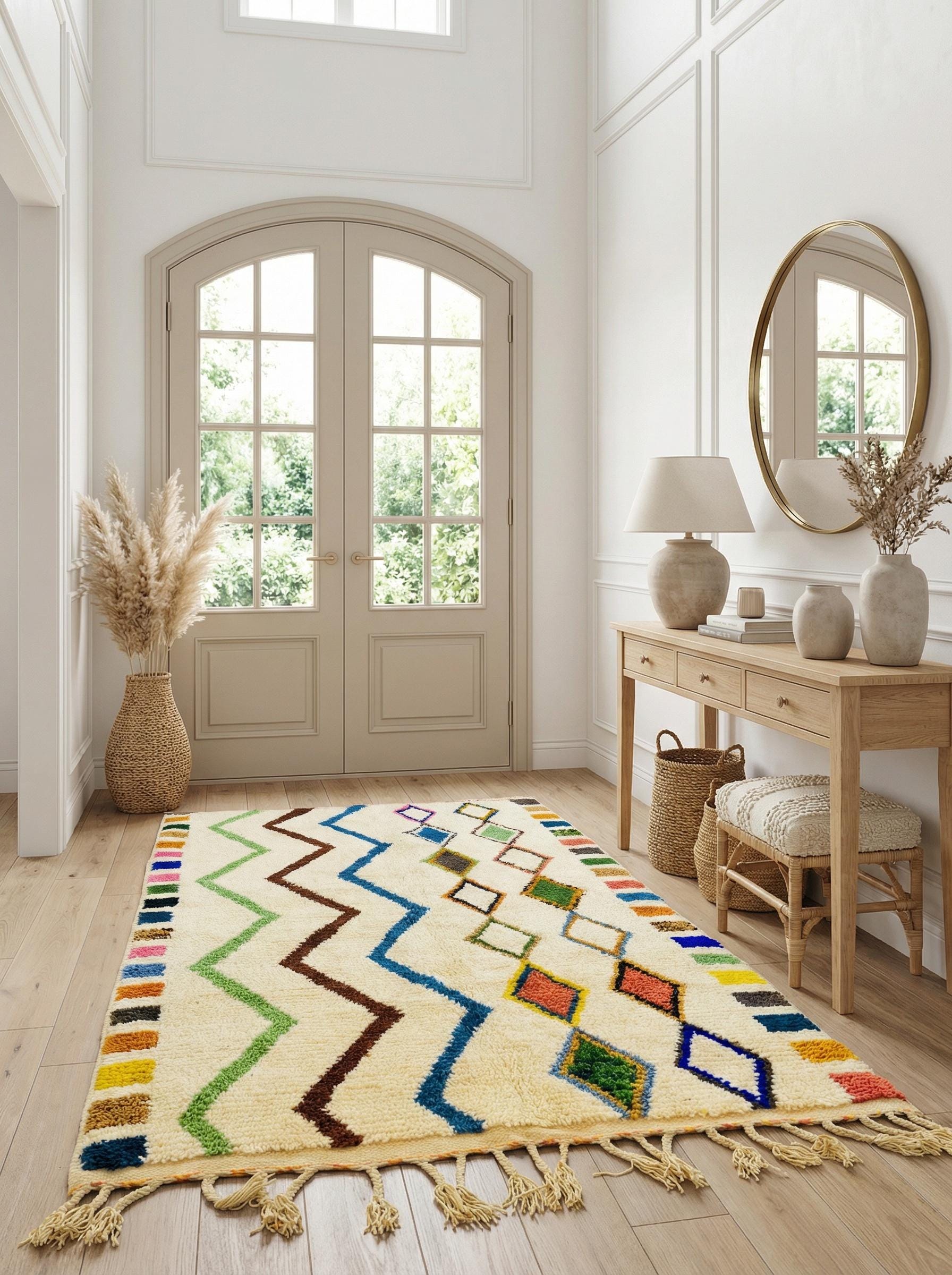 Handmade Moroccan Berber rug with zigzag and diamond pattern in entryway