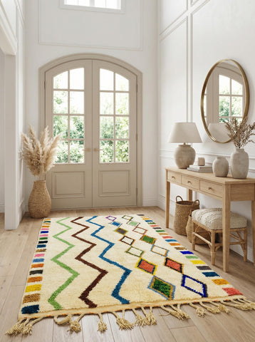 Handmade Moroccan Berber rug with zigzag and diamond pattern in entryway