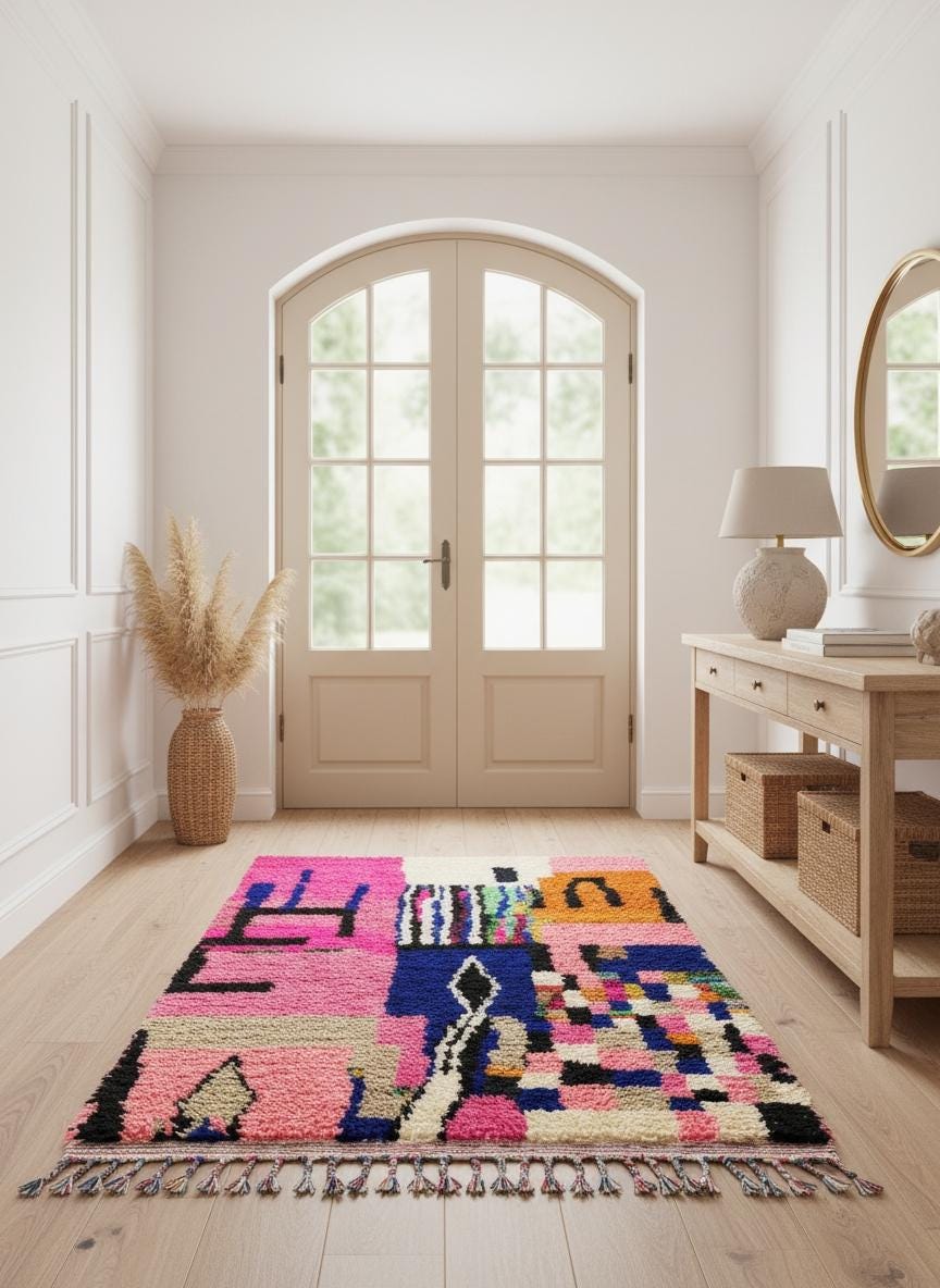 Vibrant shag rug in cozy entryway space