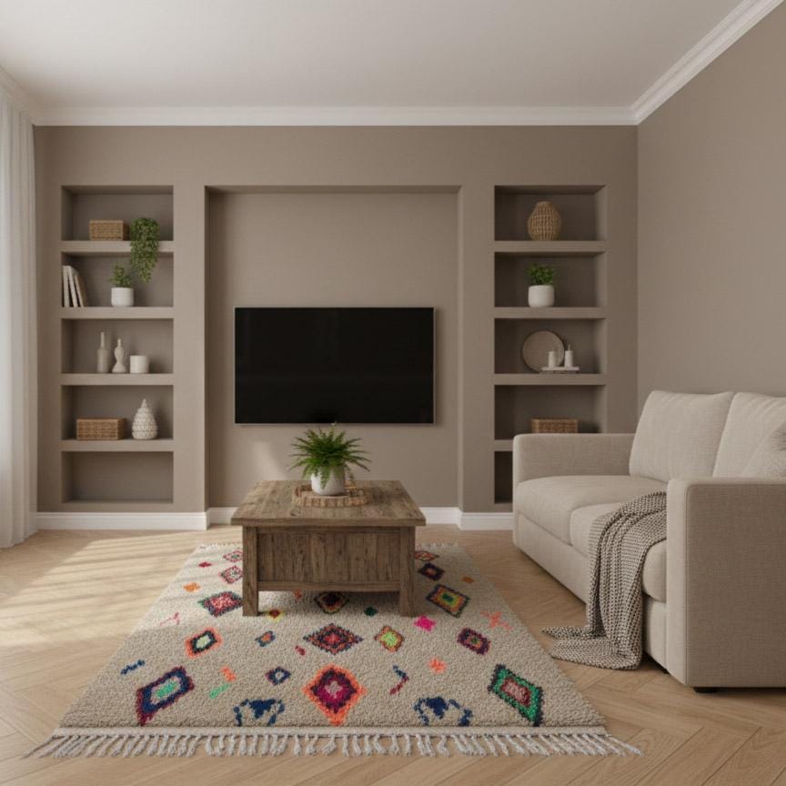Colorful diamond Moroccan rug styled in modern living room