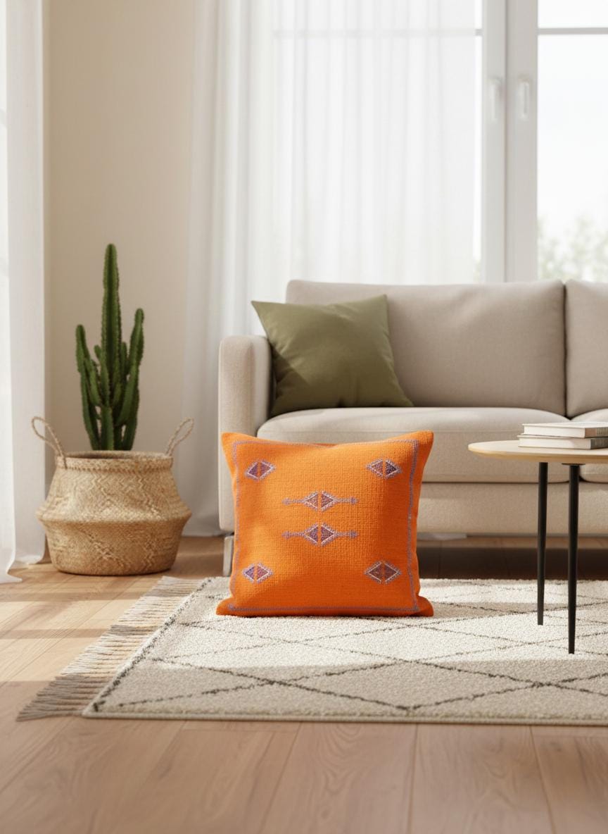 Orange Moroccan geometric pillow in bright modern interior