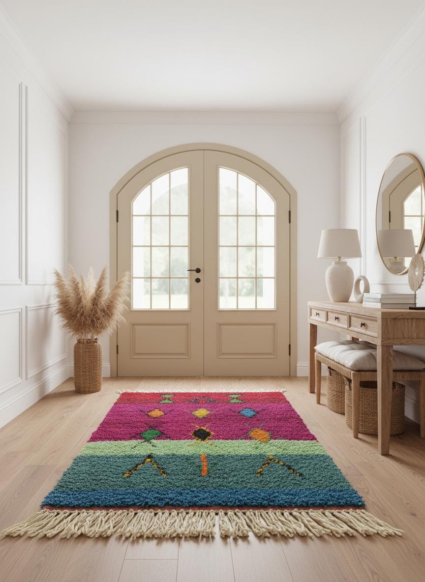 Colorful Berber rug placed in bright entryway with double doors.