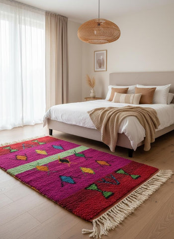 Vibrant Berber rug displayed against neutral paneled wall.