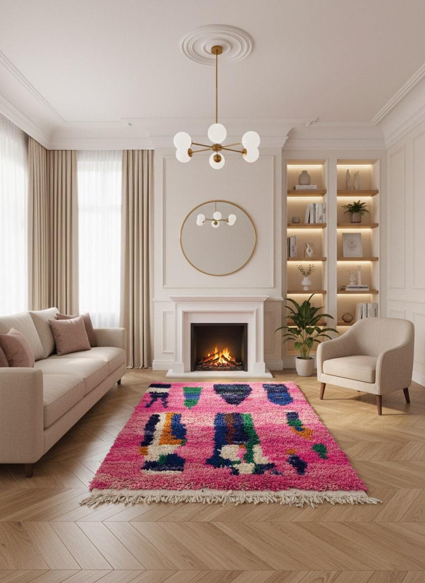 Bright pink Moroccan wool rug in modern living room