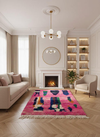 Bright pink Moroccan wool rug in modern living room