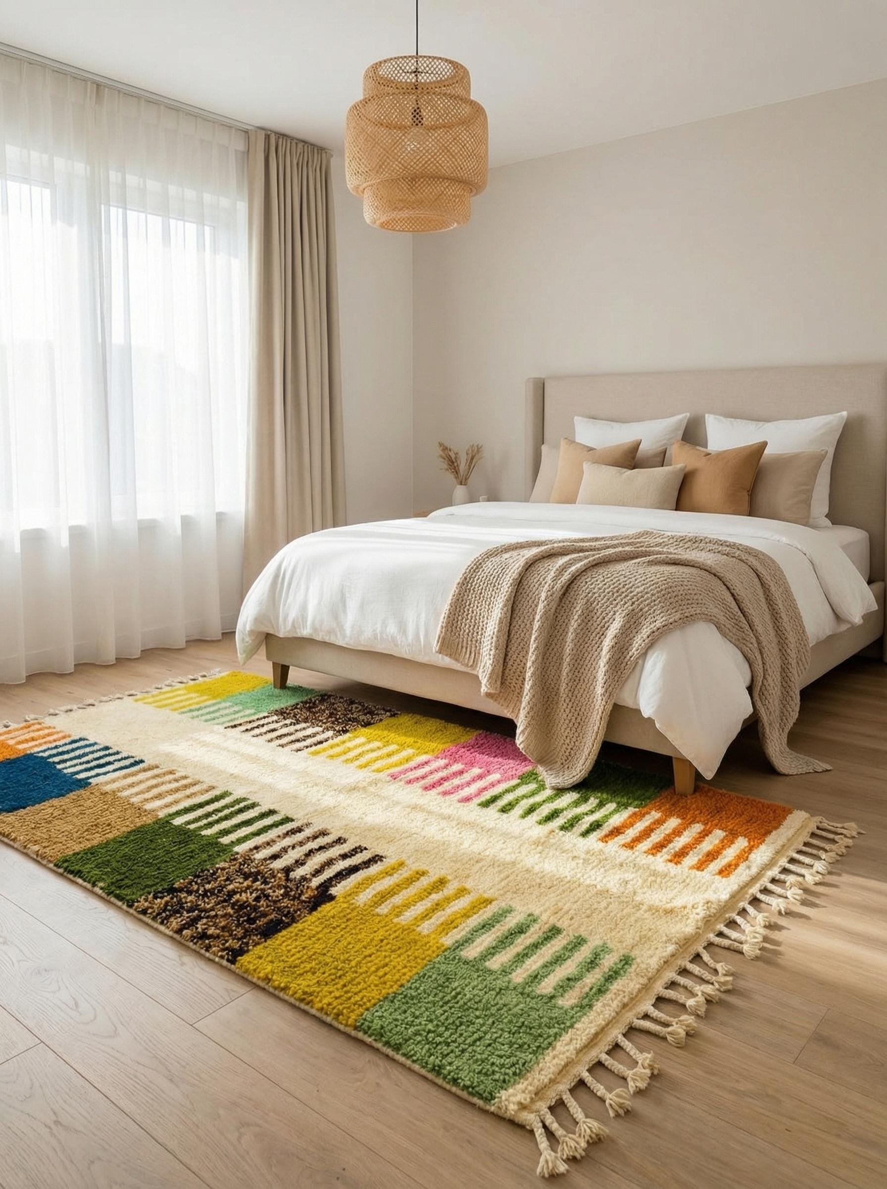 Handmade Moroccan wool rug with colorful geometric pattern in bedroom