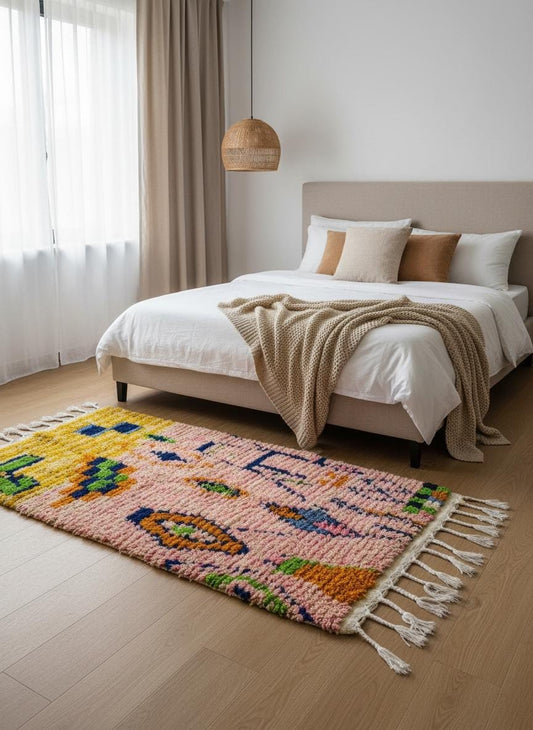 Colorful Moroccan wool rug styled in bedroom