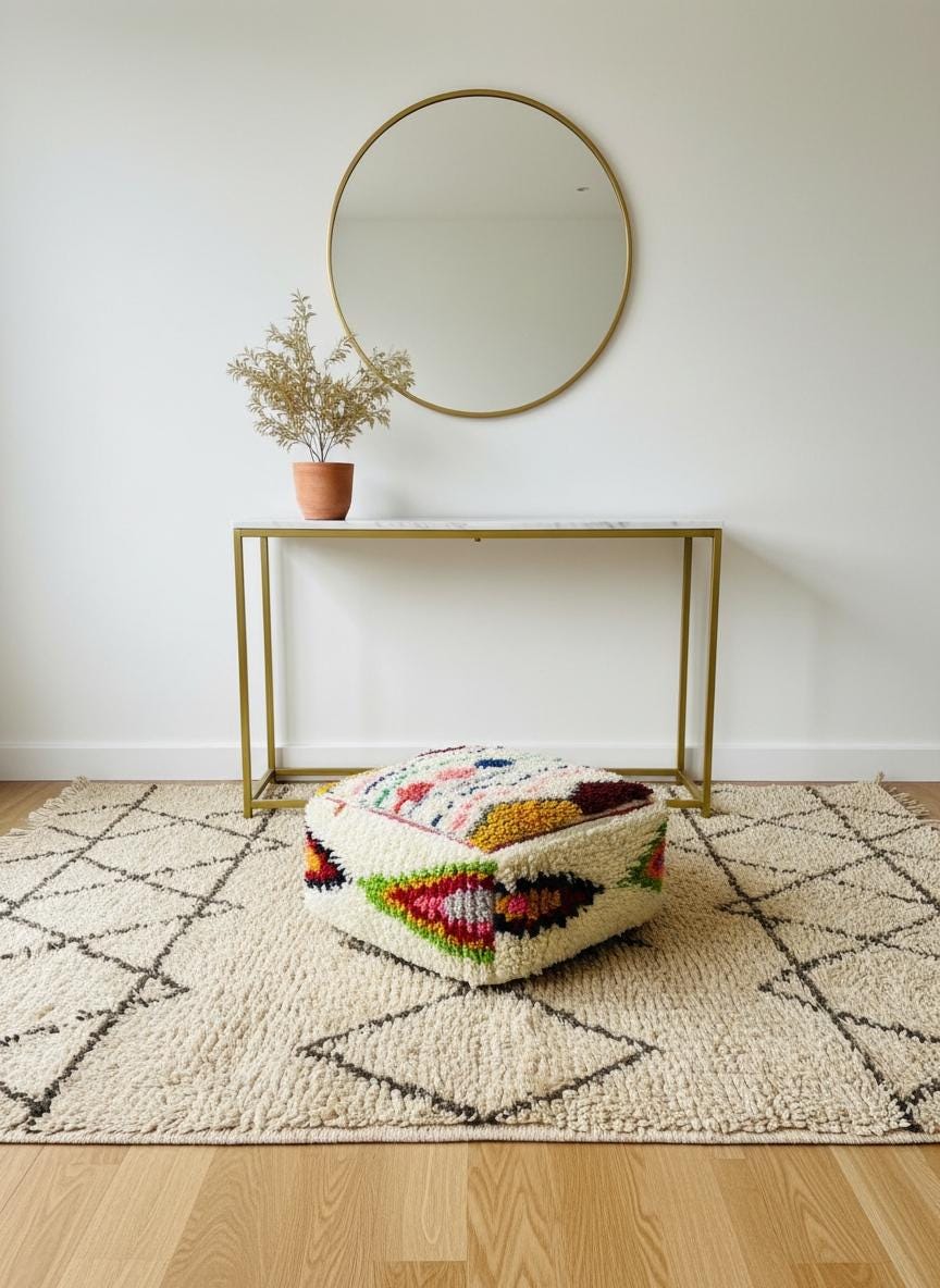 Square tribal wool pouf under console table with round mirror.