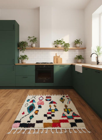 Handmade Moroccan wool rug with vibrant geometric motifs displayed in a modern green kitchen interior.