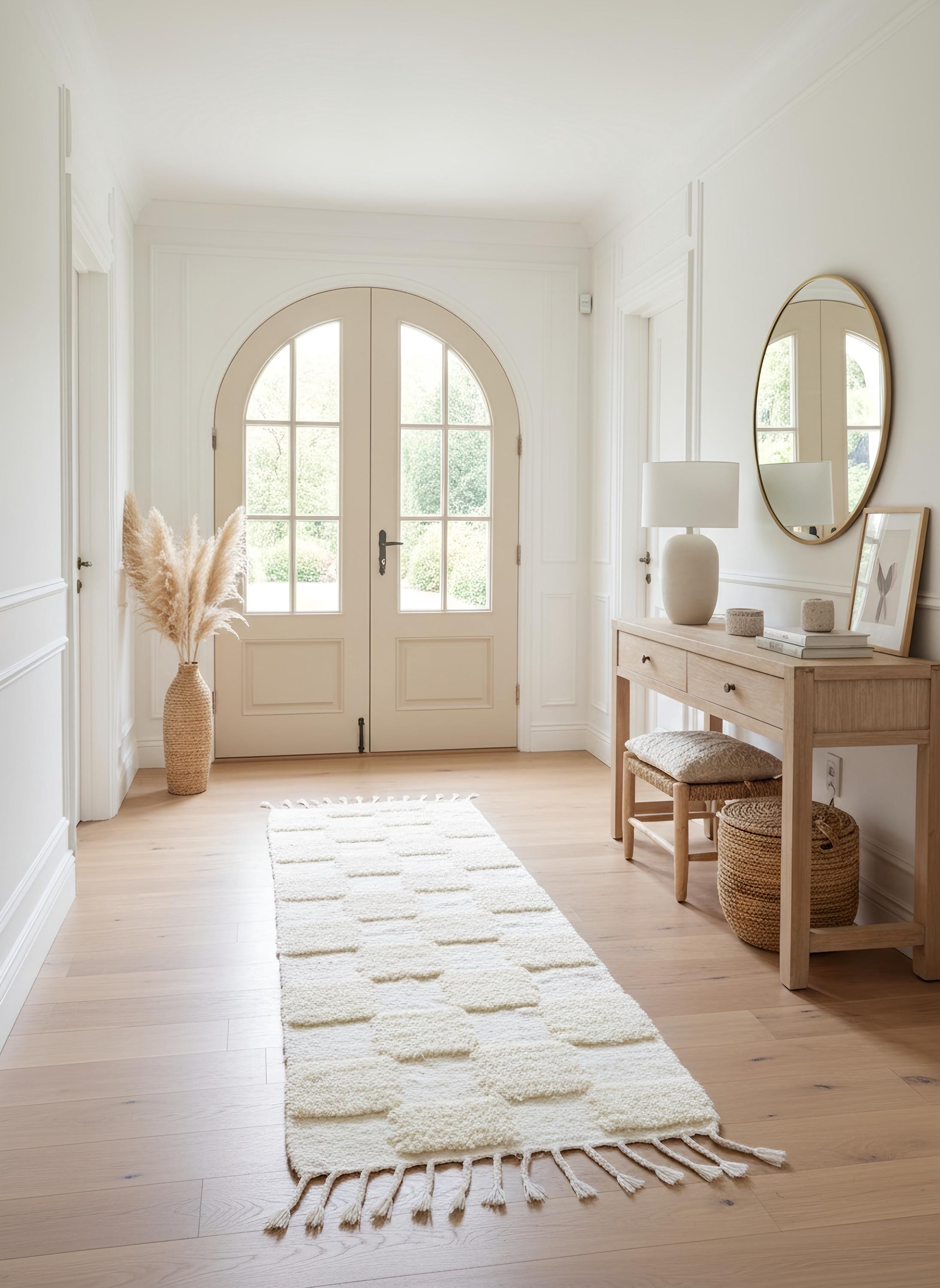 Ivory Moroccan runner rug with textured block pattern in a bright entryway with wooden console and round mirror.