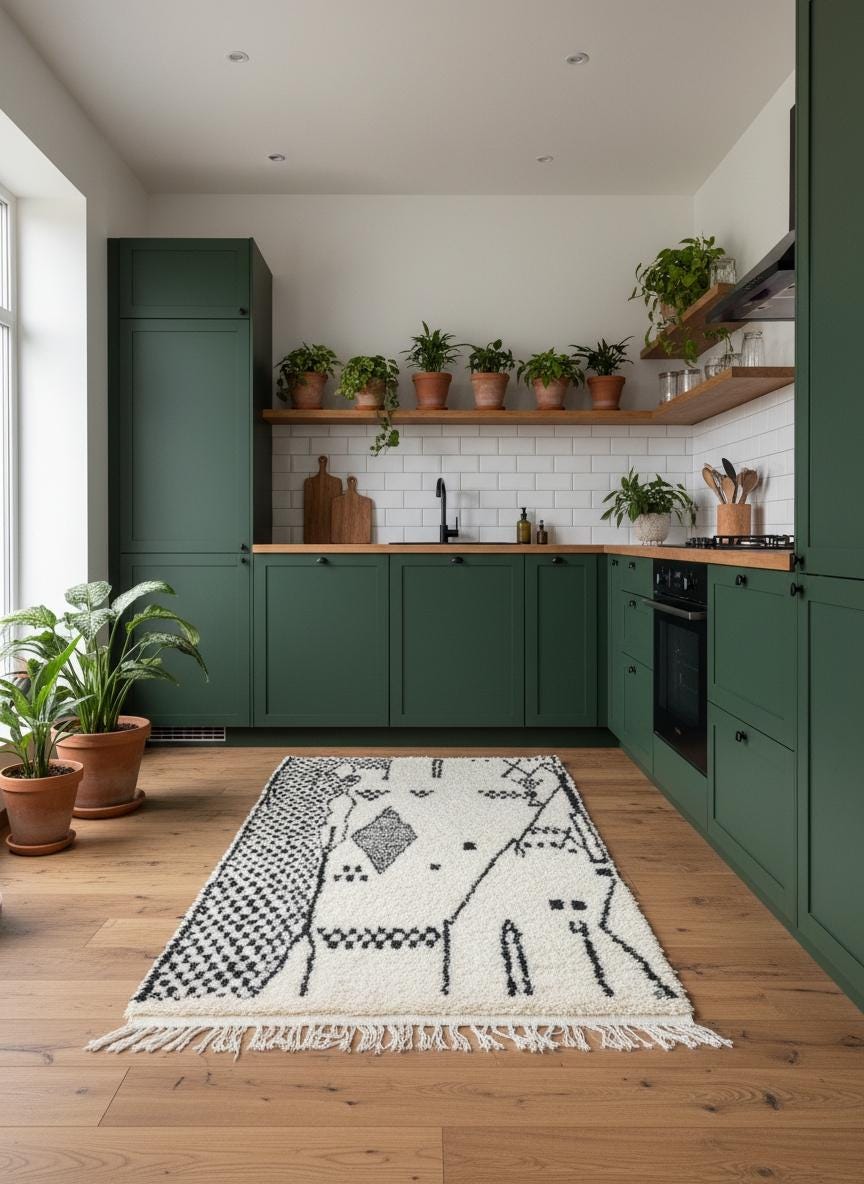 Black and white Berber rug with abstract tribal pattern styled in a modern green kitchen with wooden floor