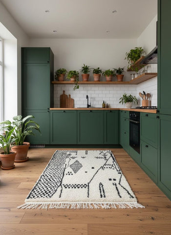 Black and white Berber rug with abstract tribal pattern styled in a modern green kitchen with wooden floor