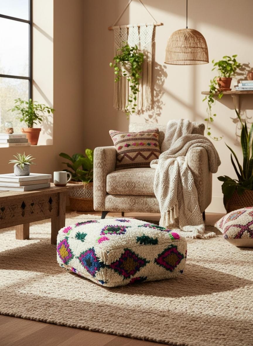Square Berber wool pouf styled in neutral living room