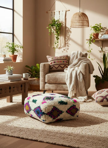 Square Berber wool pouf styled in neutral living room