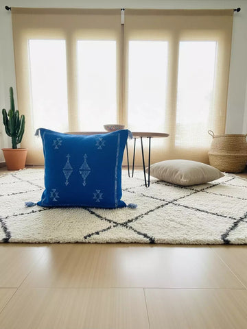Taoua blue Moroccan pillow with white tribal embroidery, home decor