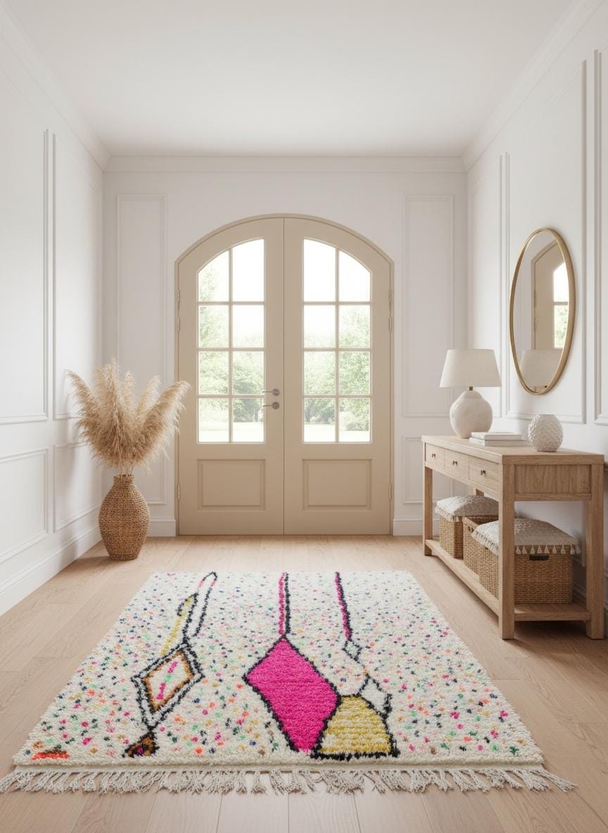 Handmade Moroccan Berber rug displayed vertically in neutral interior
