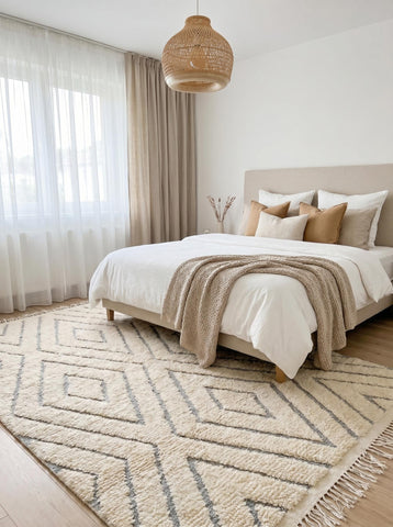 Plush cream Berber rug with grey geometric lines under a neutral bed in a soft, airy bedroom interior.