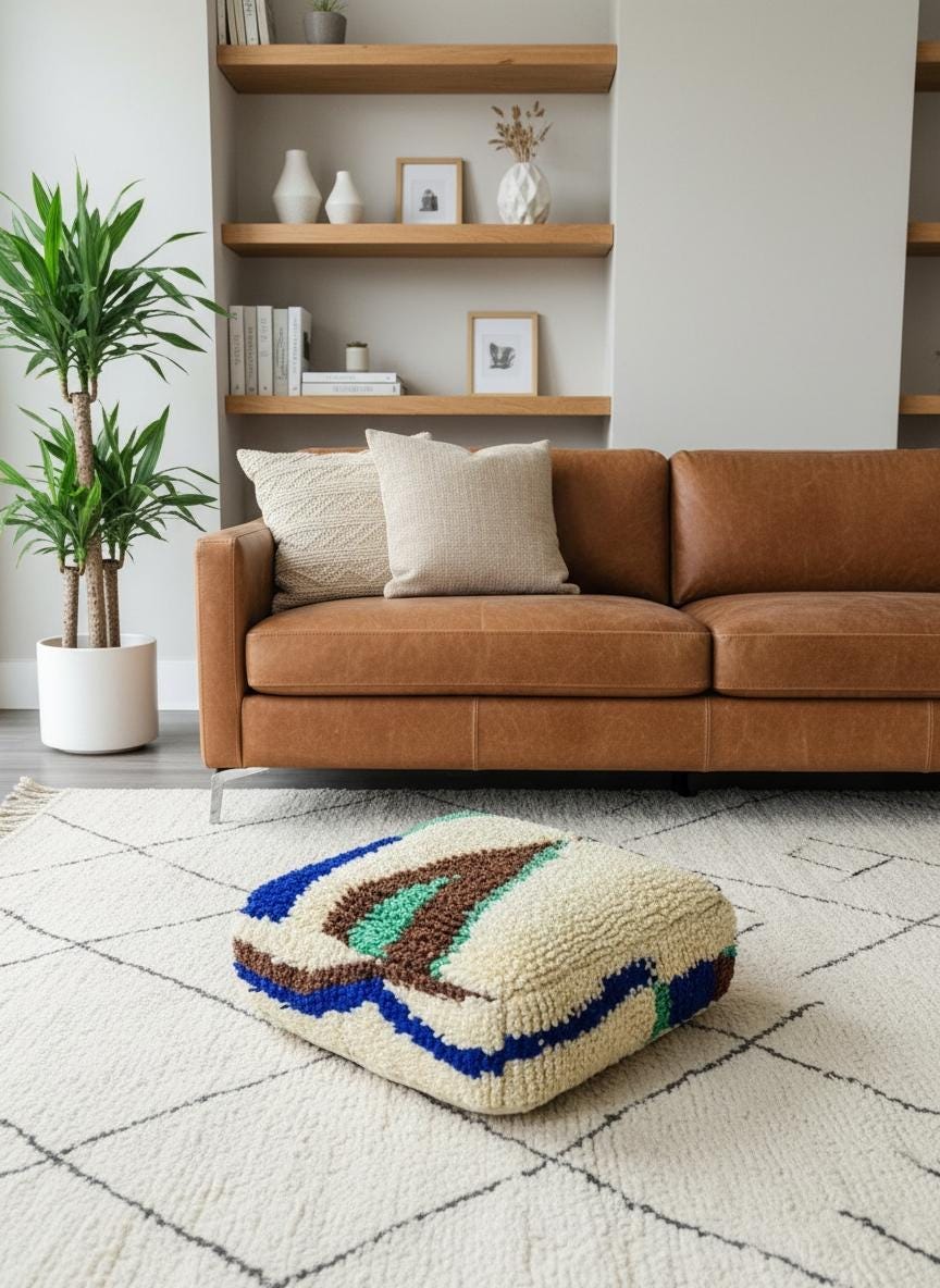 Handmade Moroccan wool floor pouf with blue, green, and brown geometric patterns placed on a cream Berber rug in a bright boho living room.