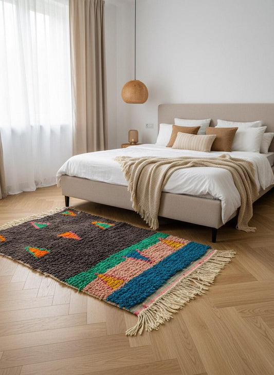 Colorful Moroccan wool rug in modern bedroom