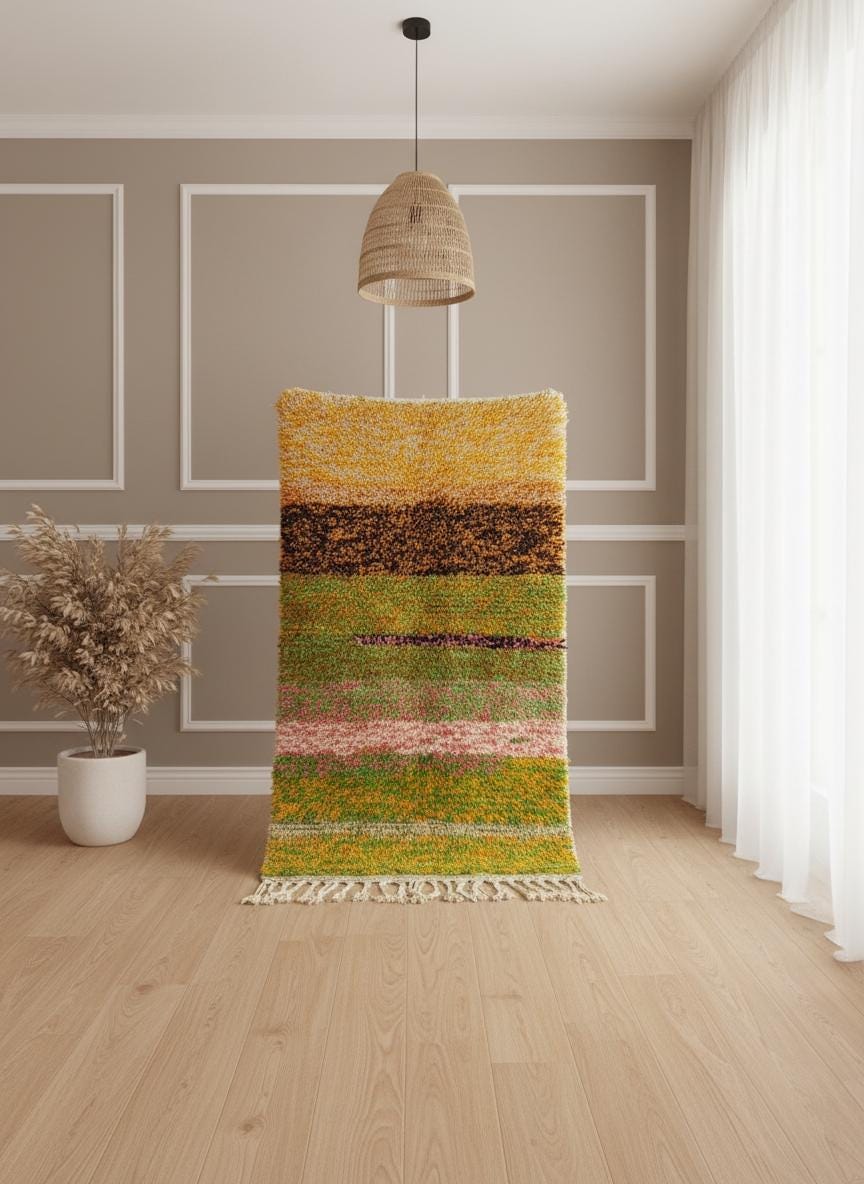 Vertical display of handmade Moroccan striped rug.