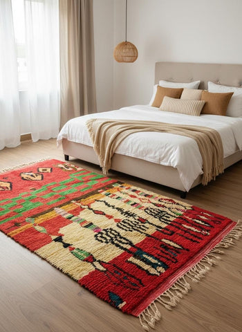Red Moroccan rug styled beside bed