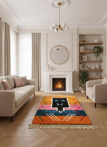Modern Moroccan wool rug in neutral living room