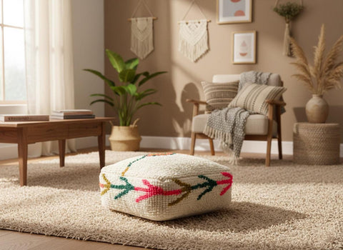 Berber wool floor pouf in boho living room