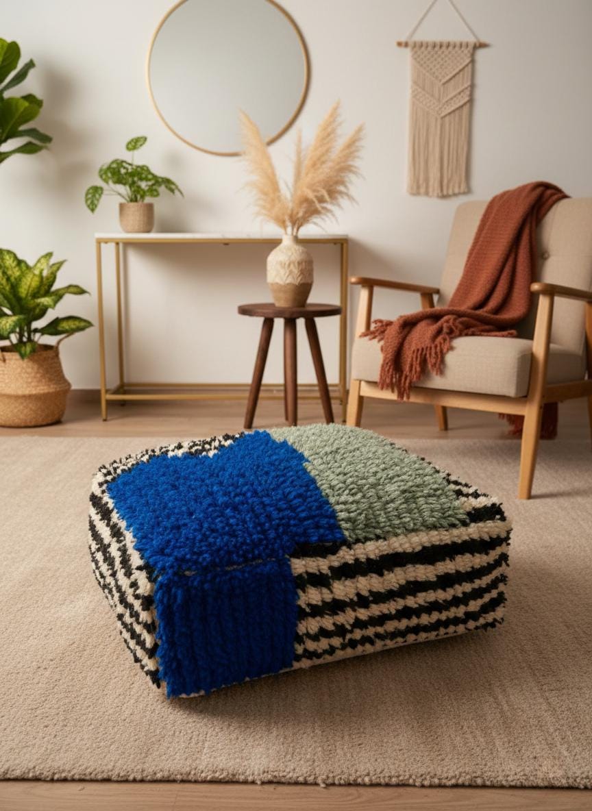 Moroccan Berber Pouf, Handmade Wool Floor Cushion, Blue Green