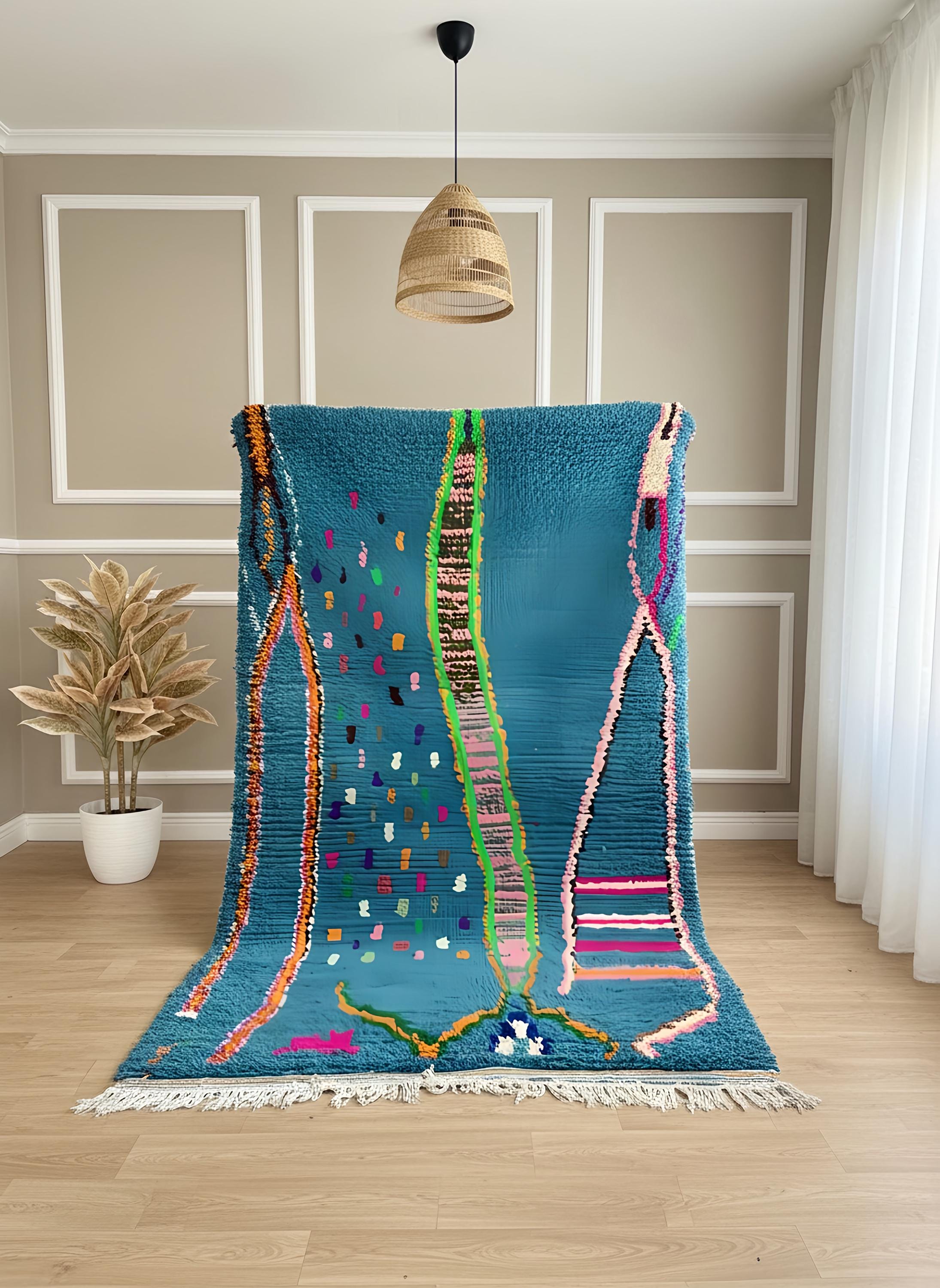 Handwoven Moroccan rug displayed vertically showing bold abstract design in blue with pink, green, and multicolor accents.