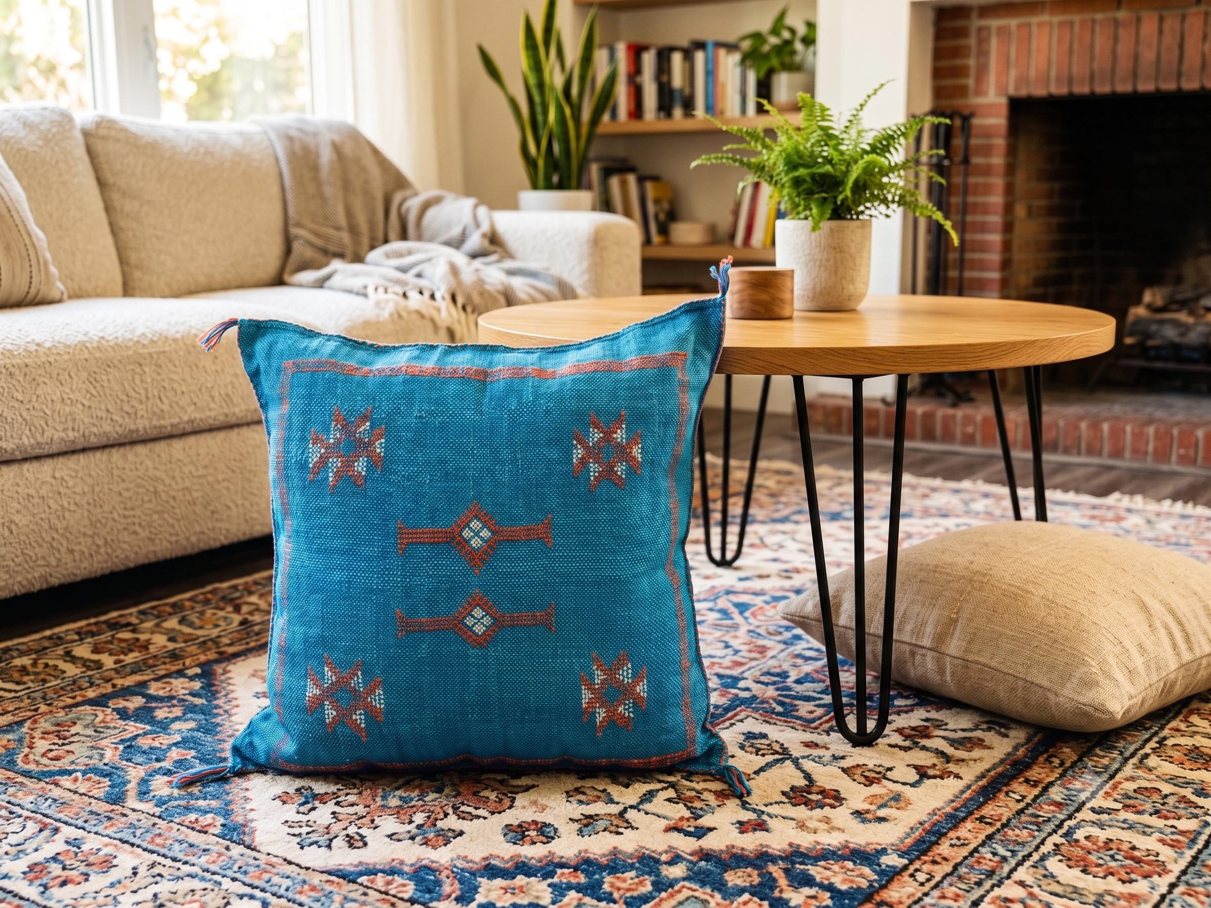 Handwoven blue Sabra pillow displayed on a patterned rug in a cozy living room.