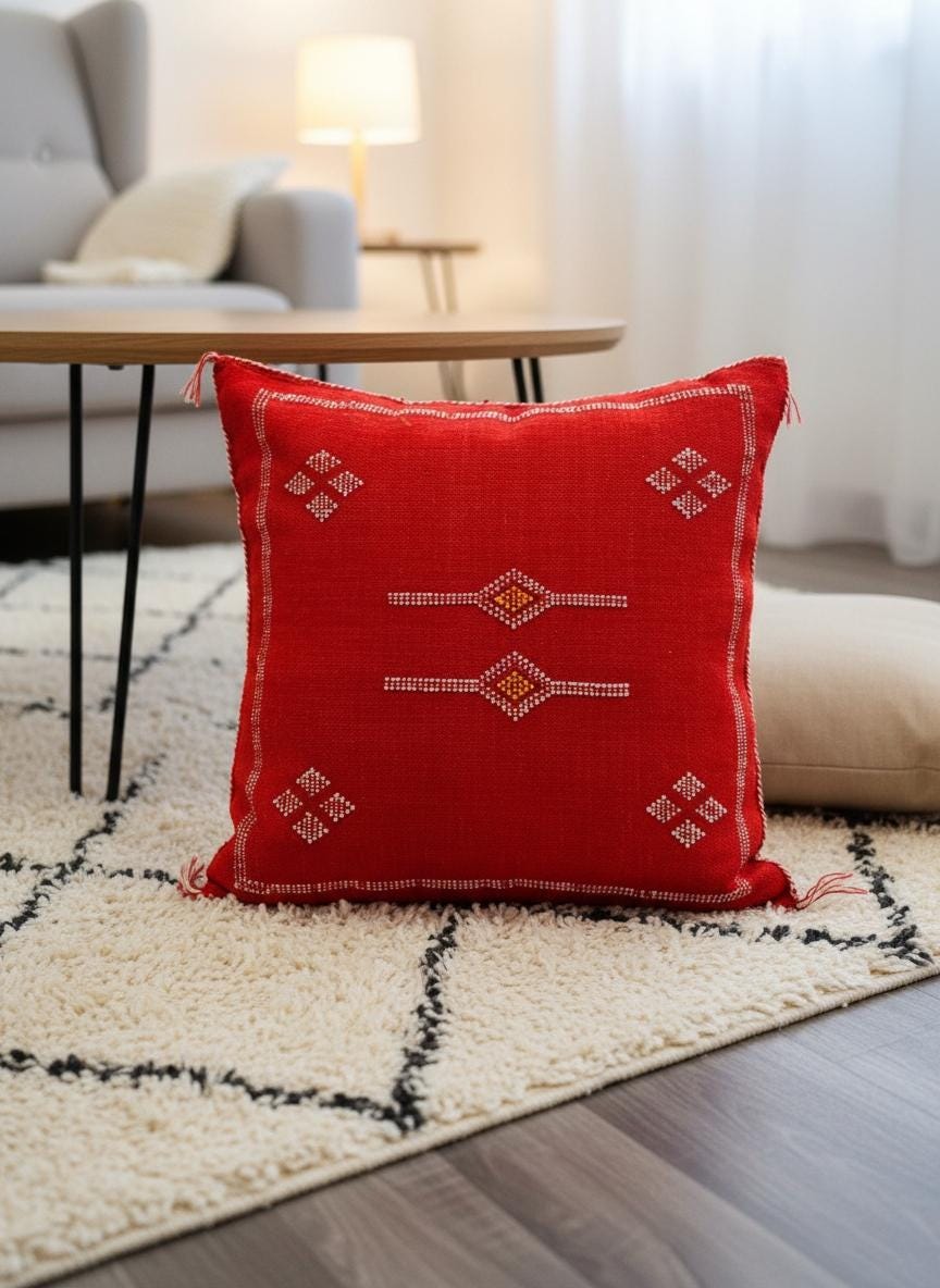 Handmade red Moroccan Sabra pillow with white Berber motifs styled on a beige sofa beside pampas grass decor.
