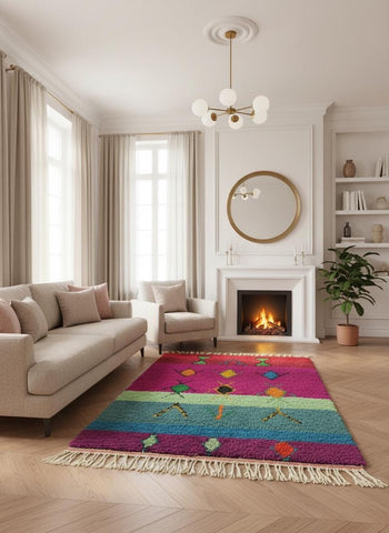 Multicolor Moroccan rug placed in cozy living room with fireplace.
