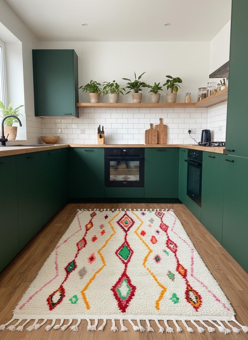 Colorful Moroccan area rug laid on grass in a garden, showcasing handwoven Berber motifs