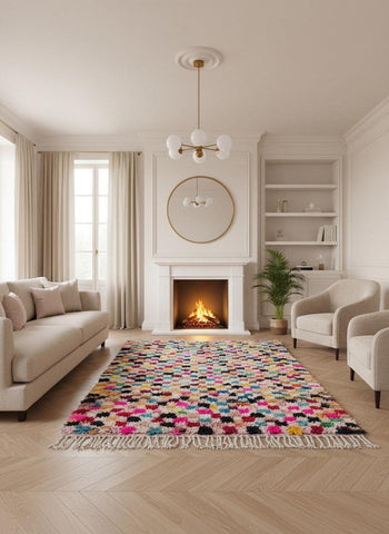 Colorful pink Moroccan area rug in cozy living room