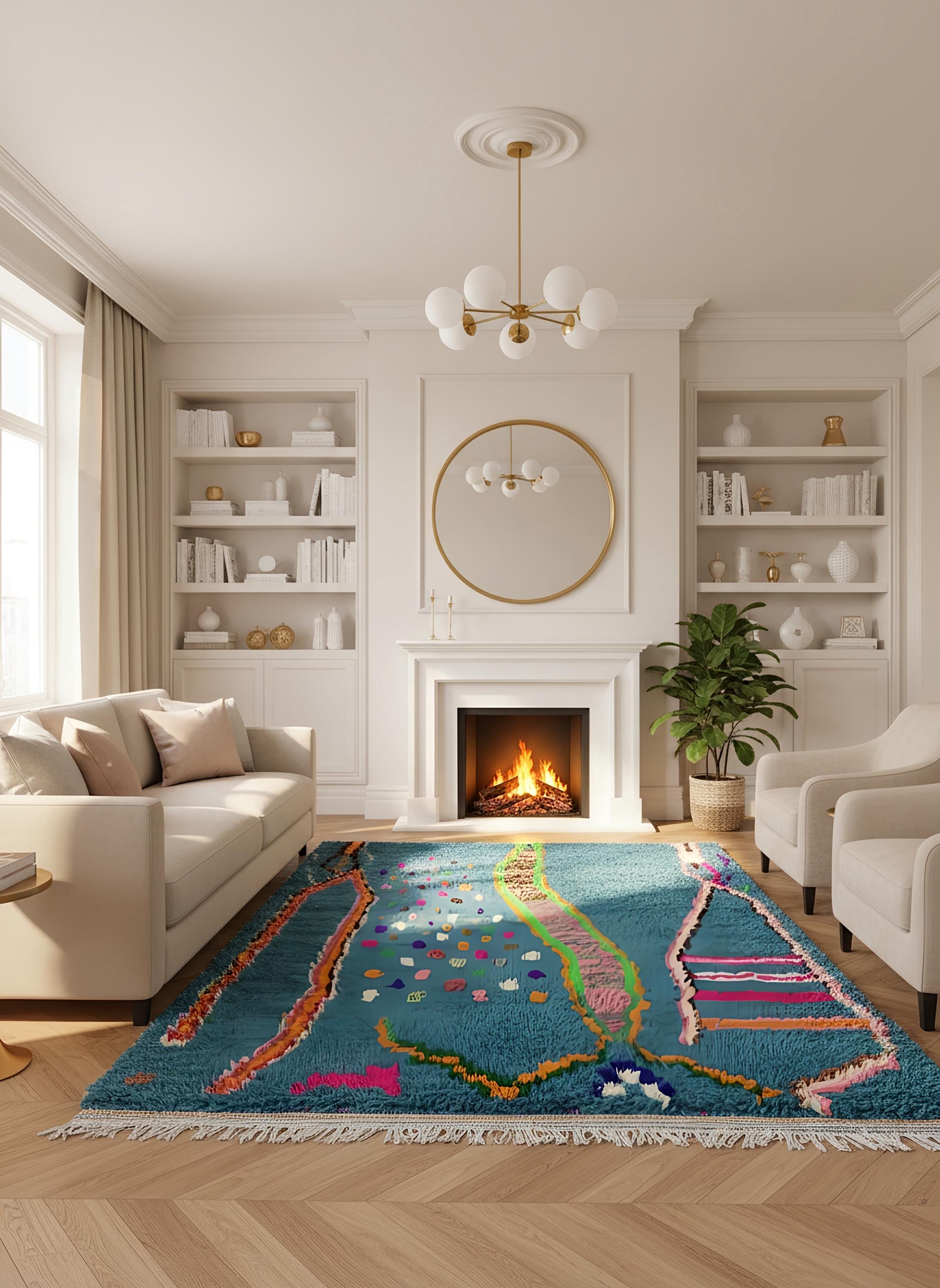 Teal Moroccan Berber rug with abstract multicolor design styled in a cozy living room with fireplace and neutral furniture.