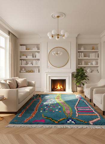 Teal Moroccan Berber rug with abstract multicolor design styled in a cozy living room with fireplace and neutral furniture.