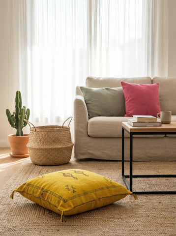 Handmade yellow Sabra pillow used as floor cushion in bright living room