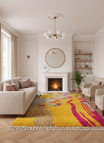 Colorful Moroccan rug in cozy neutral living room